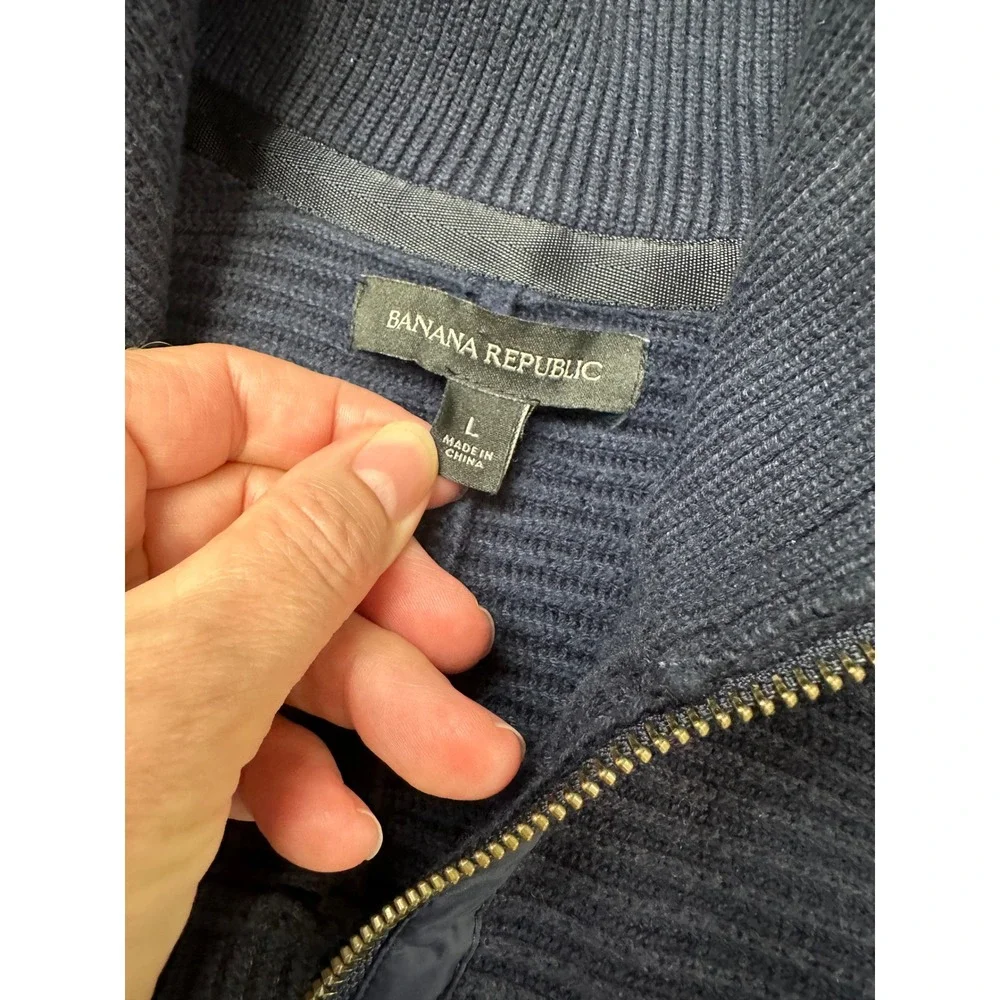 Banana Republic Mens Navy Blue Ribbed Full Zip Mock Neck Cardigan Sweater Large
